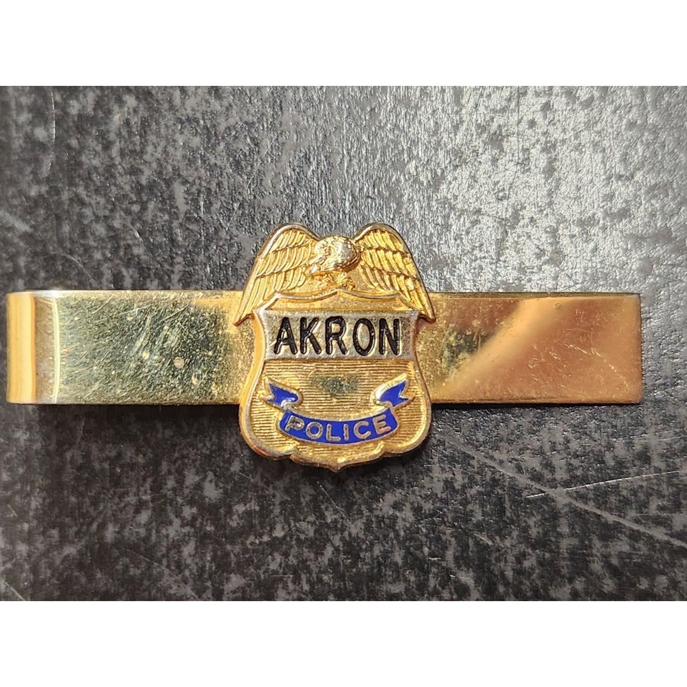 Obsolete Akron Police Tie‎ Clip Hook-Fast Gold Tone Enamel